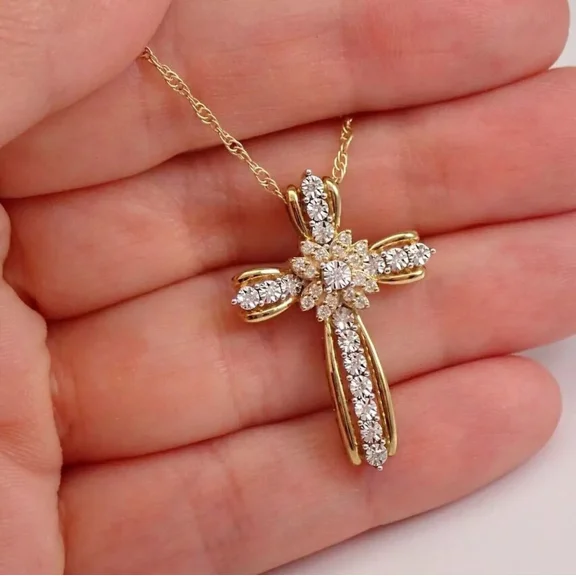 2Ct Round Cut Simulated Diamond Womens Cross Pendant 14K Yellow Gold Plated 925 Silver