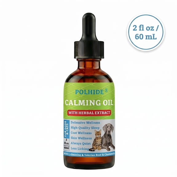 POLHIDE Calming Oil Dog and Cat Calming Supplement, L-Theanine 30 mg & Melatonin 1 mg Liquid Drops, 2 fl oz / 60 mL, Chicken Flavor