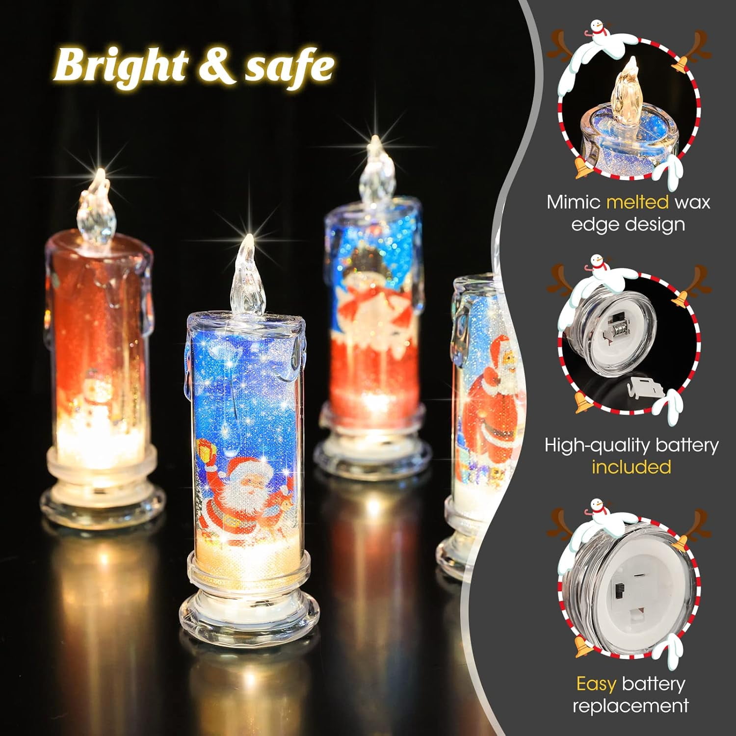 Christmas Flameless Candles with Santa Claus, Snowman,Decals Set of 4, Battery Operated Christmas Themed LED Candles for Festival Gift Christmas Decorations