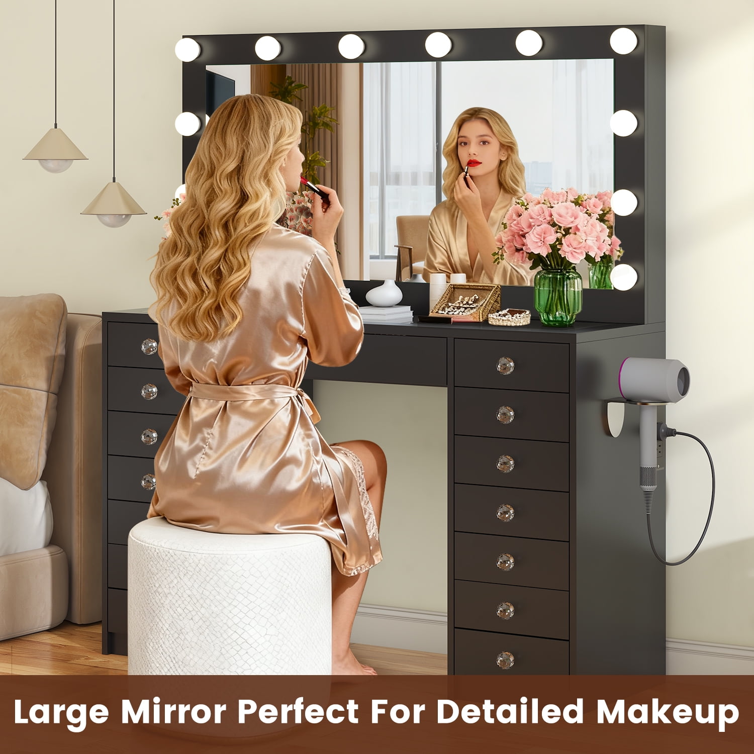 Winkalon Vanity Desk with Mirror and LED Lights, Makeup Vanity with 15 Drawers, Vanity Table with Power Outlet for Bedroom Dressing Room, Black