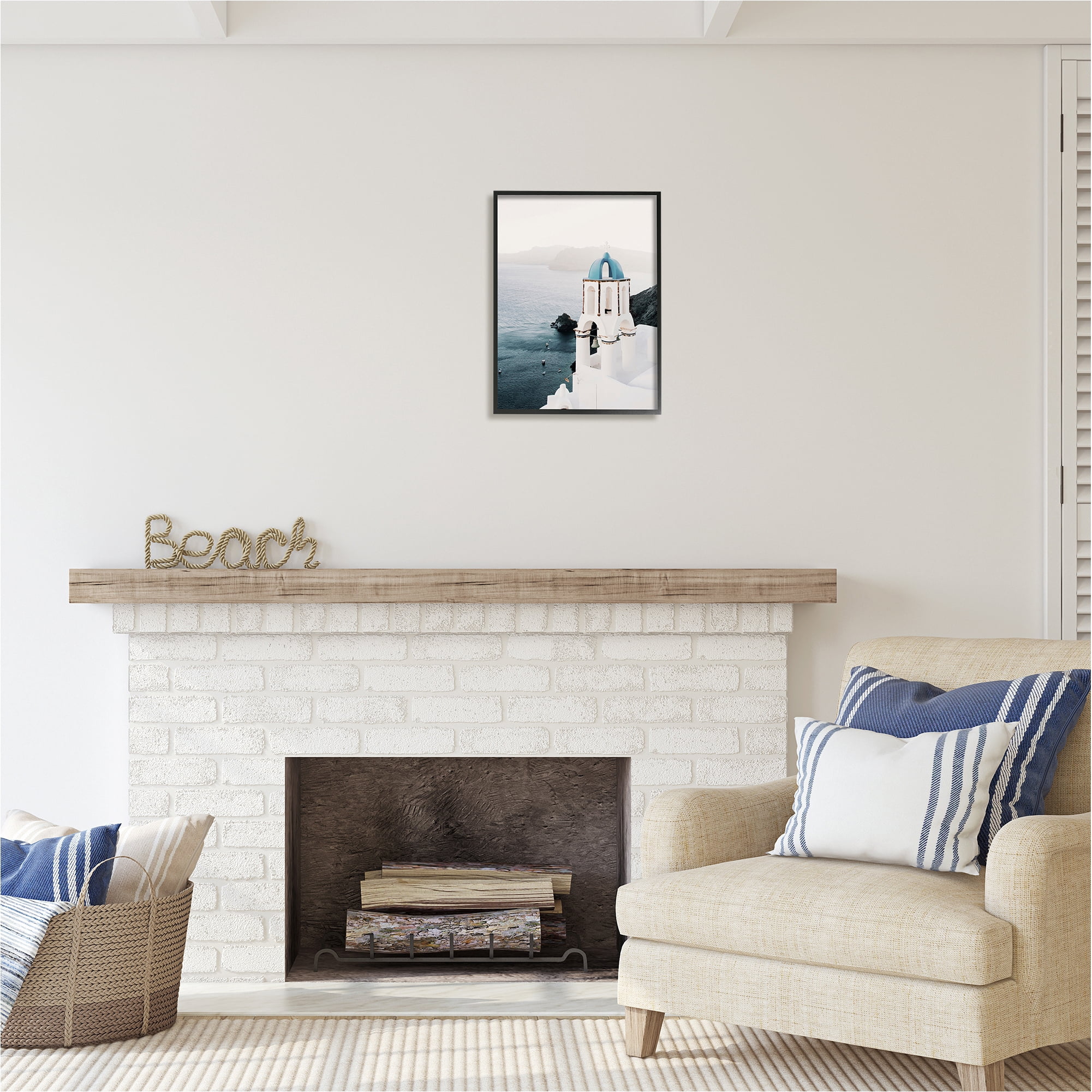 Stupell Industries Santorini Bell Tower Landscape Photography Black Framed Art Print Wall Art, 16 x 20
