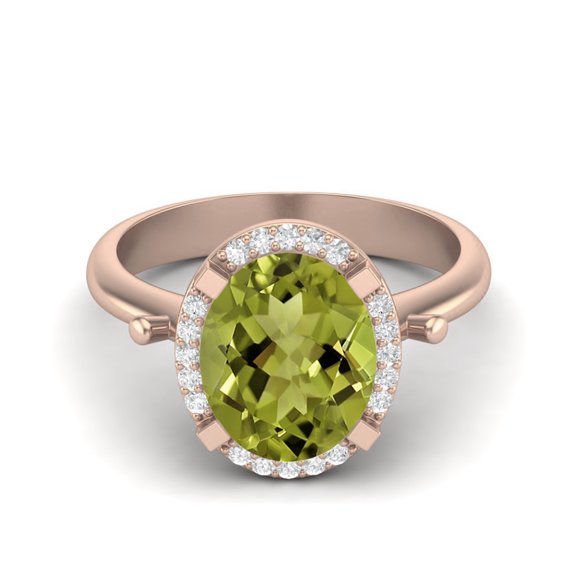 10X8mm Oval Peridot Solitaire Accents 925 Sterling Silver Rose Vermeil Halo Women Mother's Day Gift Ring