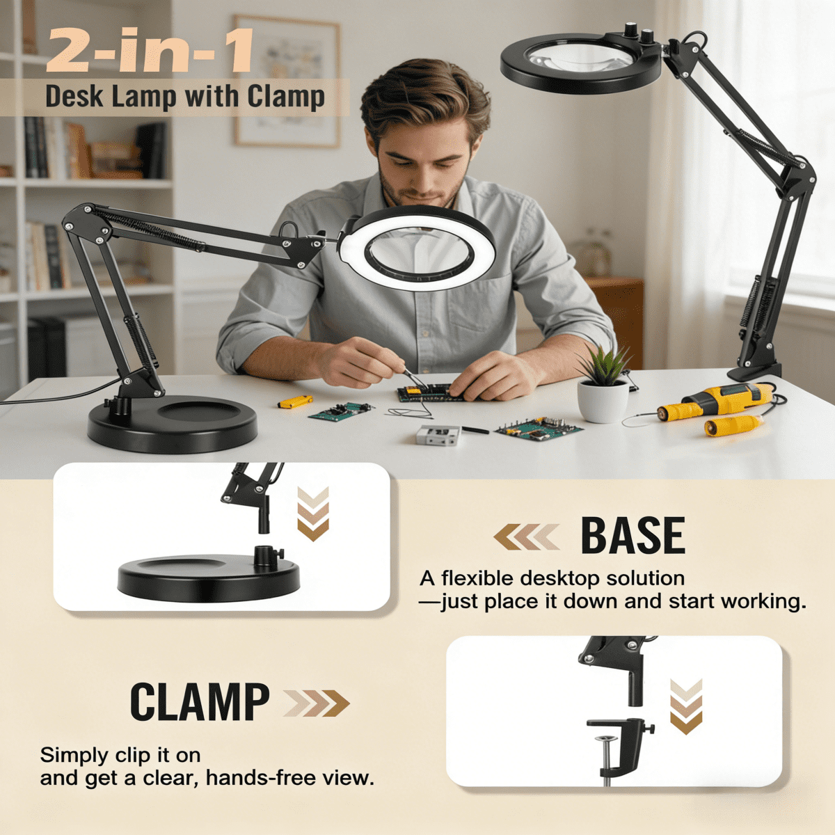 Magnifying Glass with Light and Stand, Real Glass Lens, Switch Knob for Multi-Color Modes Dimmable, LED Lighted Desk Lamp & Clamp, Hands Free Magnifier for Repair Craft Painting Close Work