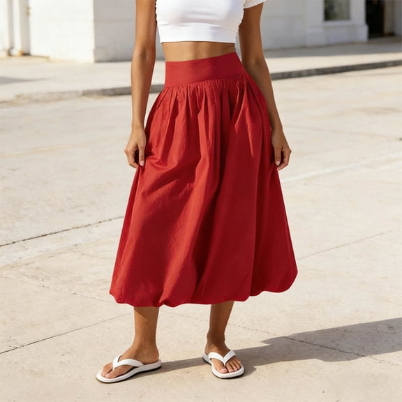 YSUEJPF Women's Bubble Midi Skirt Elastic Waist Puffy Hem Skirt Solid Casual Beach Skirts