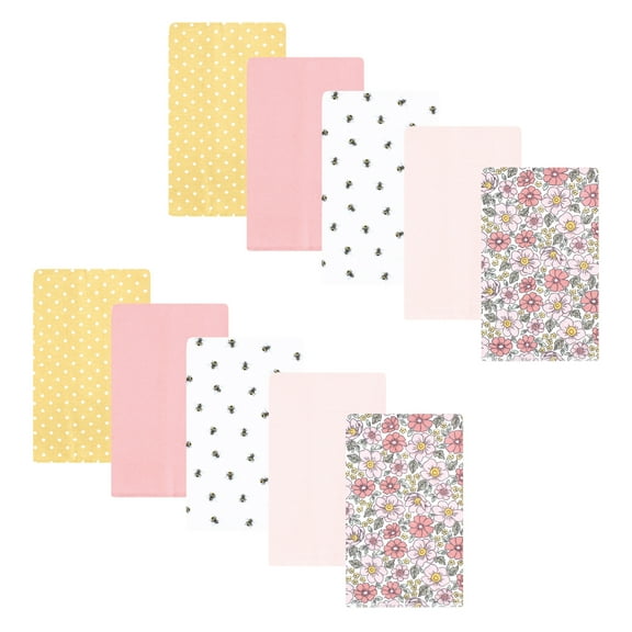 Hudson Baby Infant Girl Flannel Burp Cloth 10pk, Pink Yellow Pretty Floral, One Size