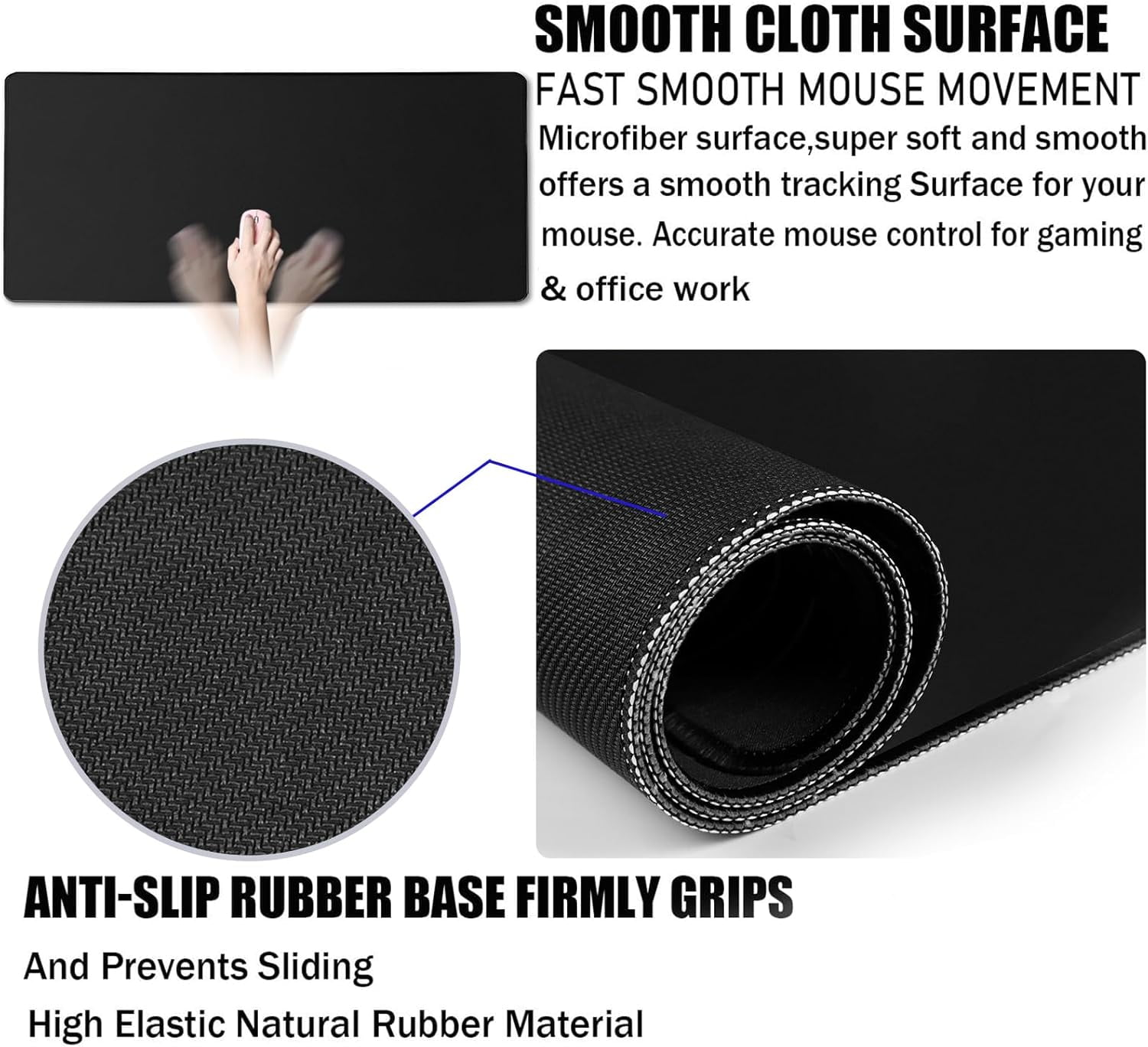 Large Gaming Mouse Pad with Extended Stitched Edges, (31.5X15.7 Inch) Durable Non-Slip Natural Rubber Base, Waterproof Keyboard Computer Mousepad for Esports Pros/Gamer/Desktop/Office/Home, Black