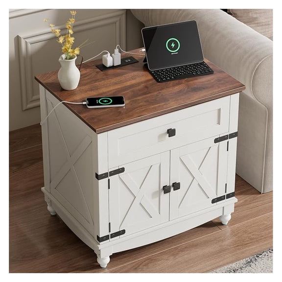 Farmhouse End Table with Charging Station, 24inch White Nightstand with Door and Storage Cabinet, Bedside End Table with Adjustable Shelf, Wood Bedside Table, Night Stand for Living Room and Bedroom