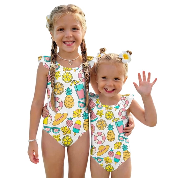 Abcomgle Kids Bathing Suits Girls Ruffled Stretchy One Piece Girls Swimsuit Cute Pineapple Graphic Girls Swimwear