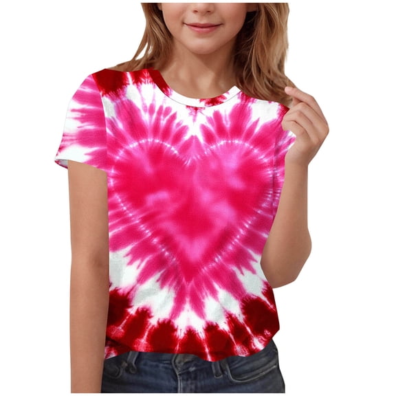 LckLvx Valentine Shirts for Girls Trendy Cute Tie Dye Short Sleeve T-Shirts Heart Print Casual Round Neck Blouse Tops