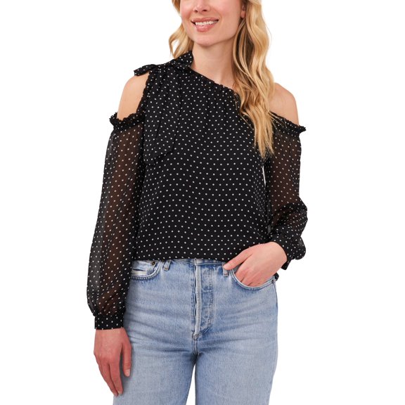 Cece Petite Cold Shoulder Bow Blouse Rich Black PM