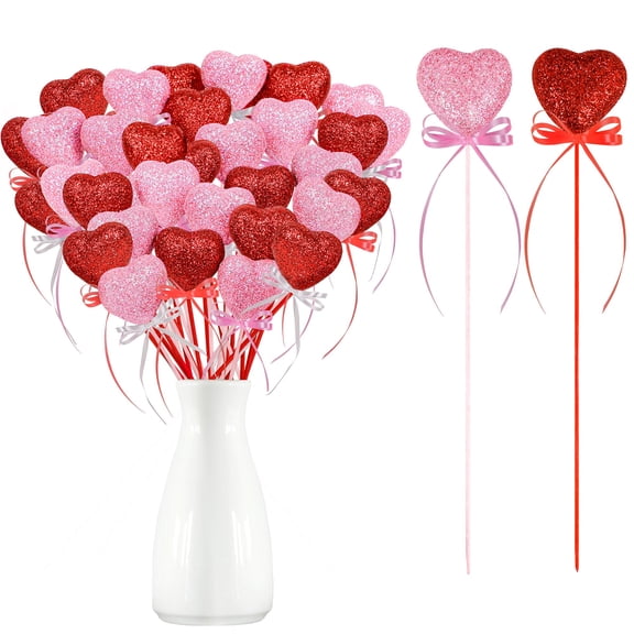 30 PCS Glitter Heart Picks Valentine's Day Puffy Foam Hearts Floral Sparkly Sticks for Valentine Wedding Arrangements Party Vase Floral Bouquet Crafts Table Centerpiece Decorations