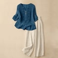 thumbnail image 2 of NMMUED Linen Set Women Wide Leg Pants Mexican Embroidered Loose Fit Linen Pants Set for Women Summer Boho for Seniors Cotton Linen Vacation Matching Set Navy 3XL, 2 of 5