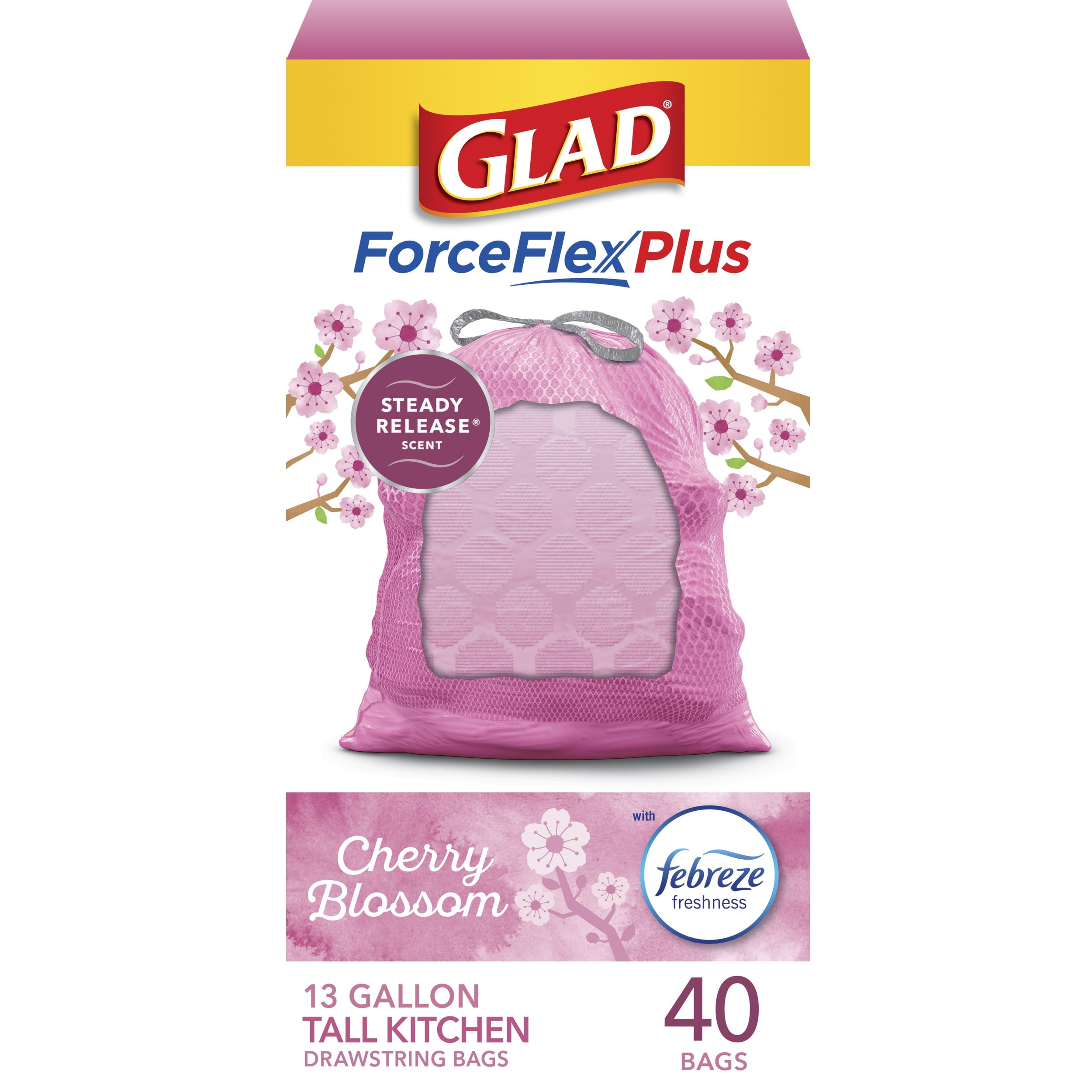 Glad ForceFlexPlus Tall Kitchen Drawstring Trash Bags, 13 Gal, Febreze Cherry Blossom, 40 Count
