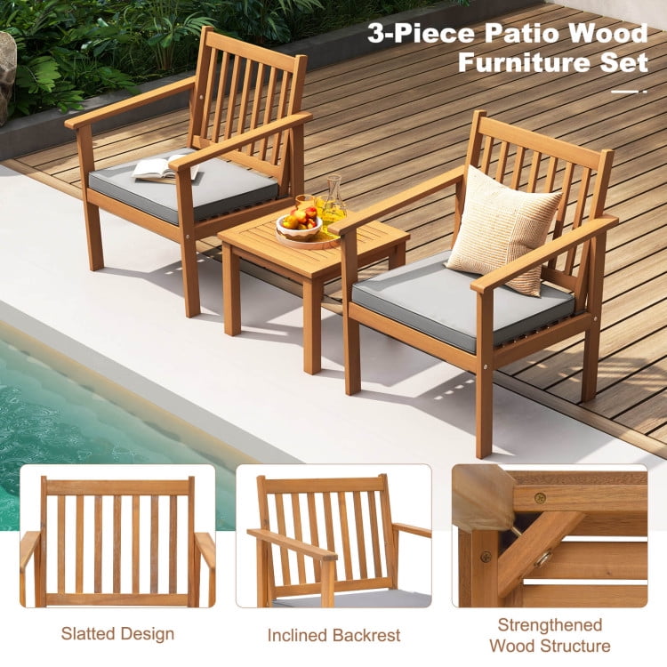 Aimee Lii 3 Pieces Patio Wood Furniture Set Acacia Wood Sofa Set with soft Cushions, Patio Furniture Sets, Gray Aimee Lii 3 Pieces Patio Wood Furniture Set Acacia Wood Sofa Set with soft Cushions, Patio Furniture Sets, Gray