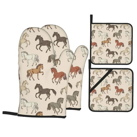 

Oven Mitts and Pot Holders 4 pcs Set Hand Drawn Modern Cool Horse Heat Resistant Silicone Oven Mitts Pot Holders for Kitchen Baking Cooking Non-Slip Oven Gloves Hot Pads Potholders