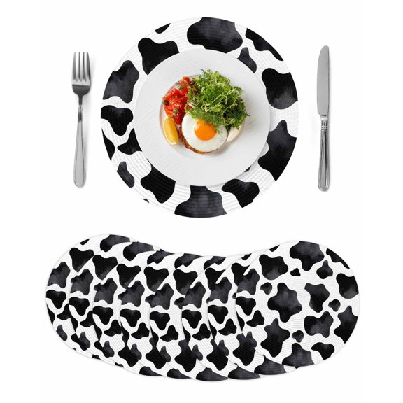 Cow Printed Round 13 Inch Placemats Set of 8, Farmhouse Black White Animals Textured HeatResistant Non Slip Place Mats for Dining Table, Wipeable Braided Kitchen Table Mats for Housewarming