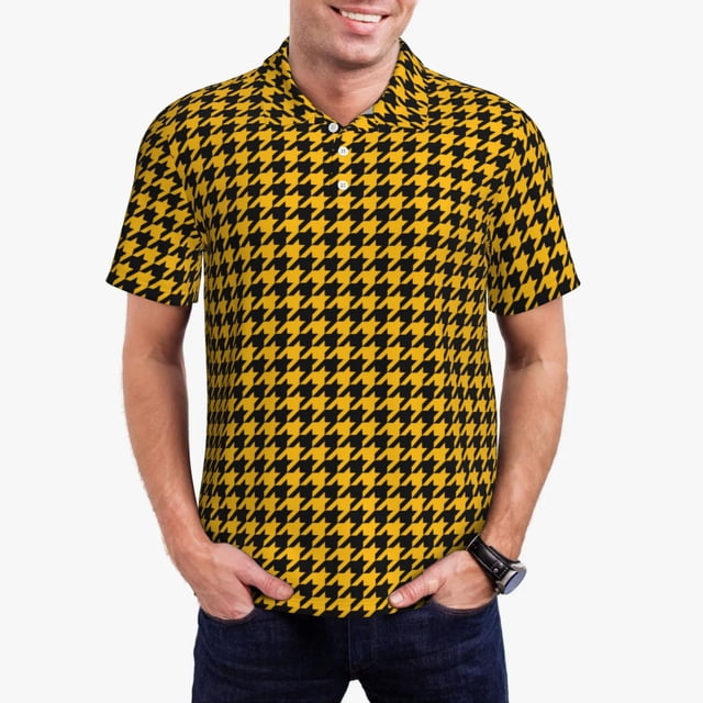 Balery Retro Yellow and Black Houndstooth Camisa Polo de Hombre con Estampado, de Manga Corta y Tejido Medio, Camisa Tipo Golf Polo-3X-Large