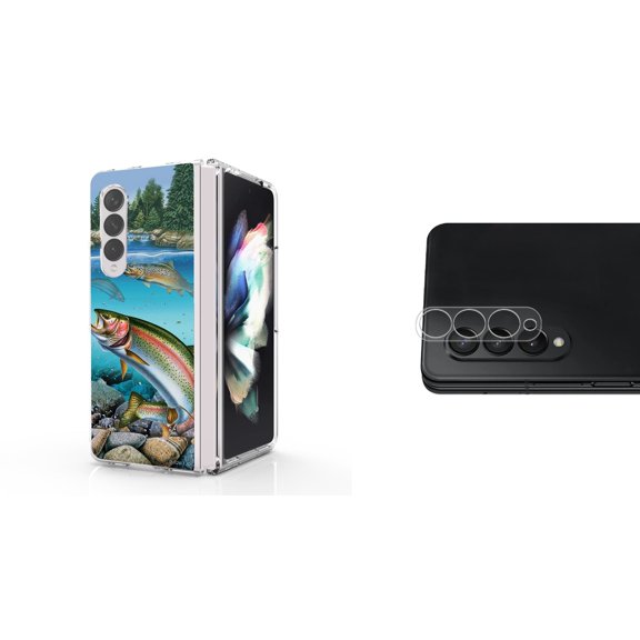 Accessory Bundle for Galaxy Z Fold 4: Slim Snap-On Case (Trout Fish), Rear Camera Glass Protector