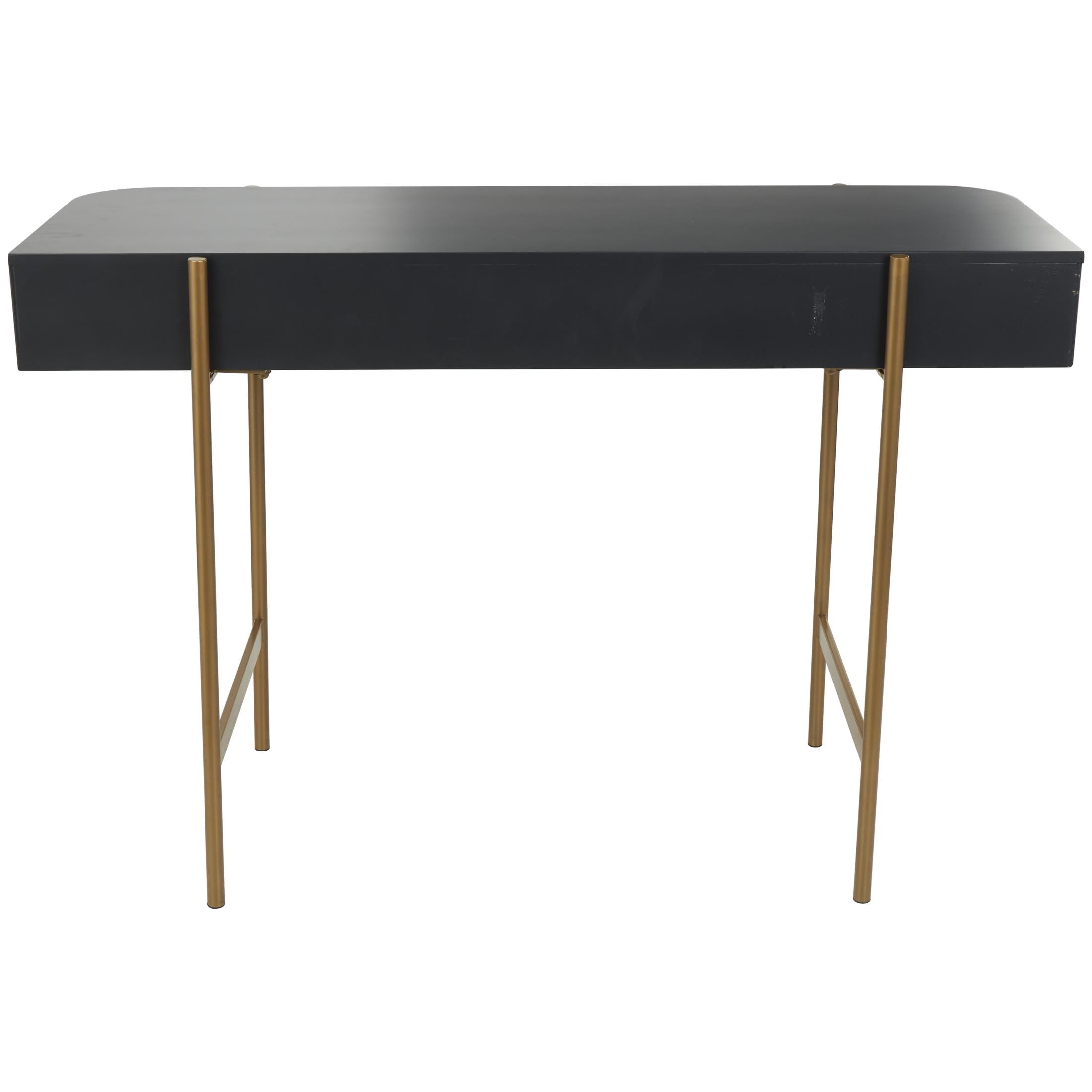 DecMode 42" x 30" Black Wooden Rounded Rectangular Ribbed Console Table with Gold Metal Legs, 1-Piece