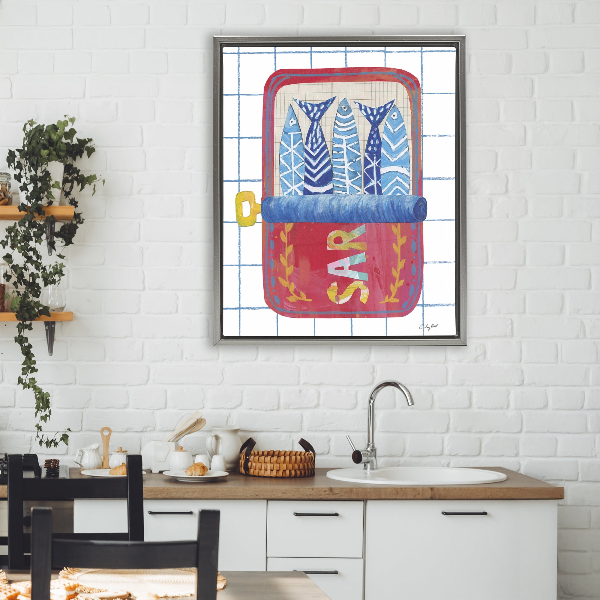 Stupell Industries Silly Sardines Red Tin Gray Framed Floater Canvas Wall Art, design by Courtney Prahl