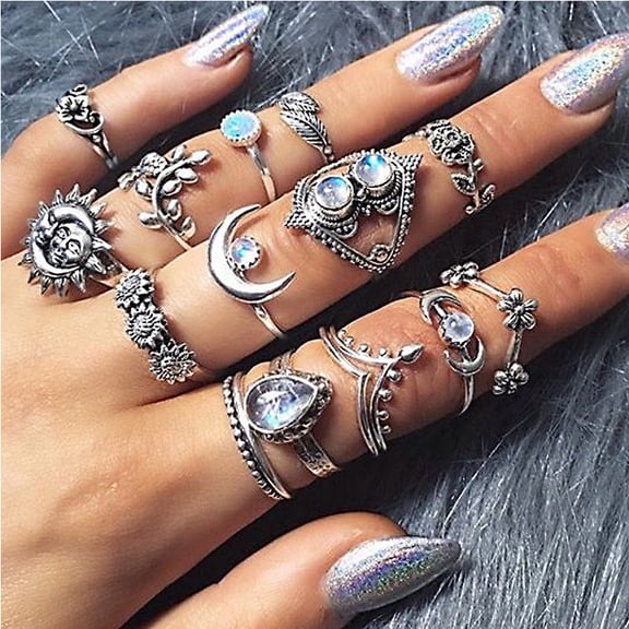 Vintage Women's 14-Piece Alloy Ring Set: Sun, Moon, Flower, and Water Drop Designs with Artificial Gemstones