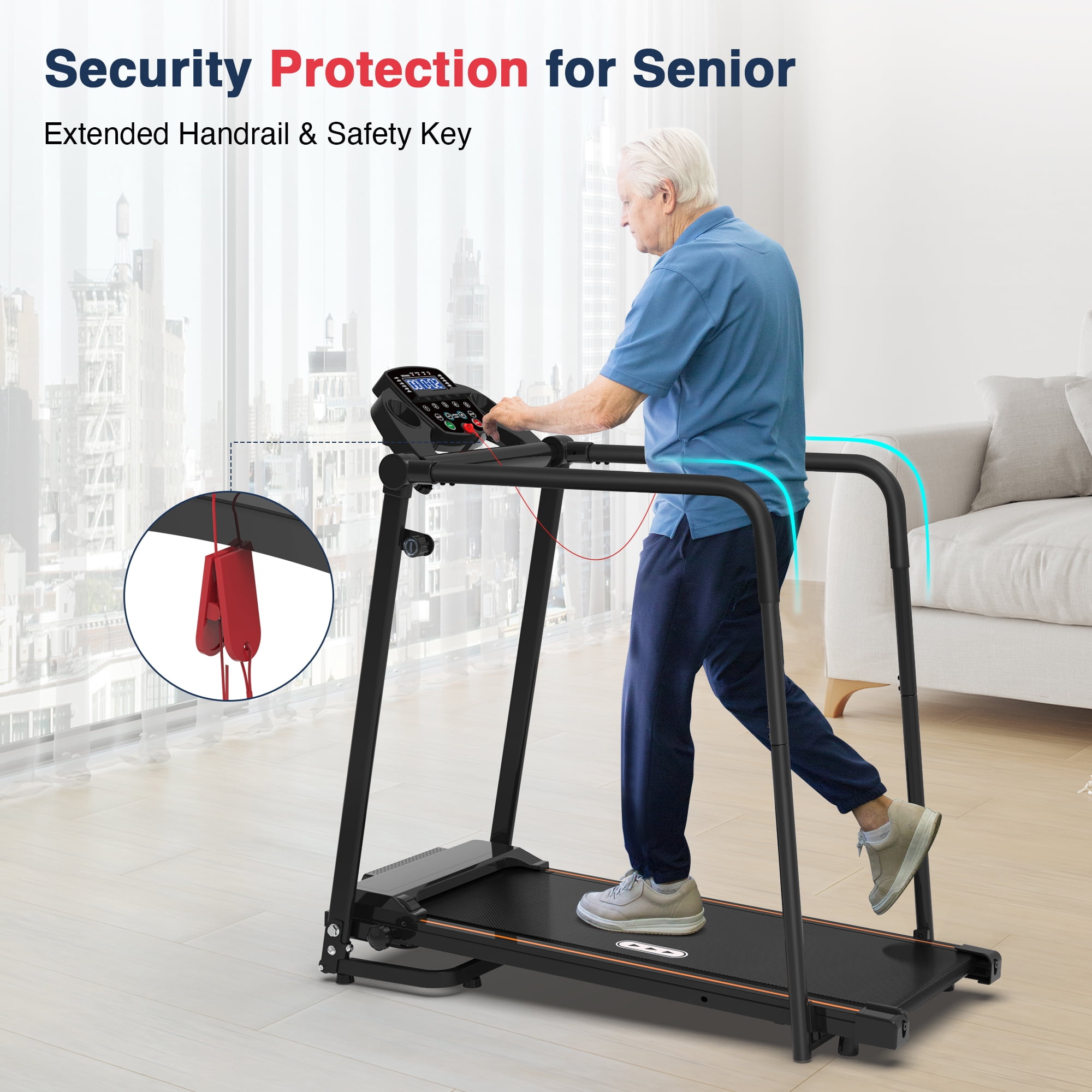 Hapycity Walking Treadmill with Long Handrails for Seniors 300lbs 2.25HP Recovery Fitness Exercise Machine for Home