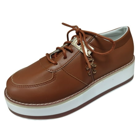 

Ladies Fashion Solid Color Leather Round Toe Lace Up Platform Casual Shoes
