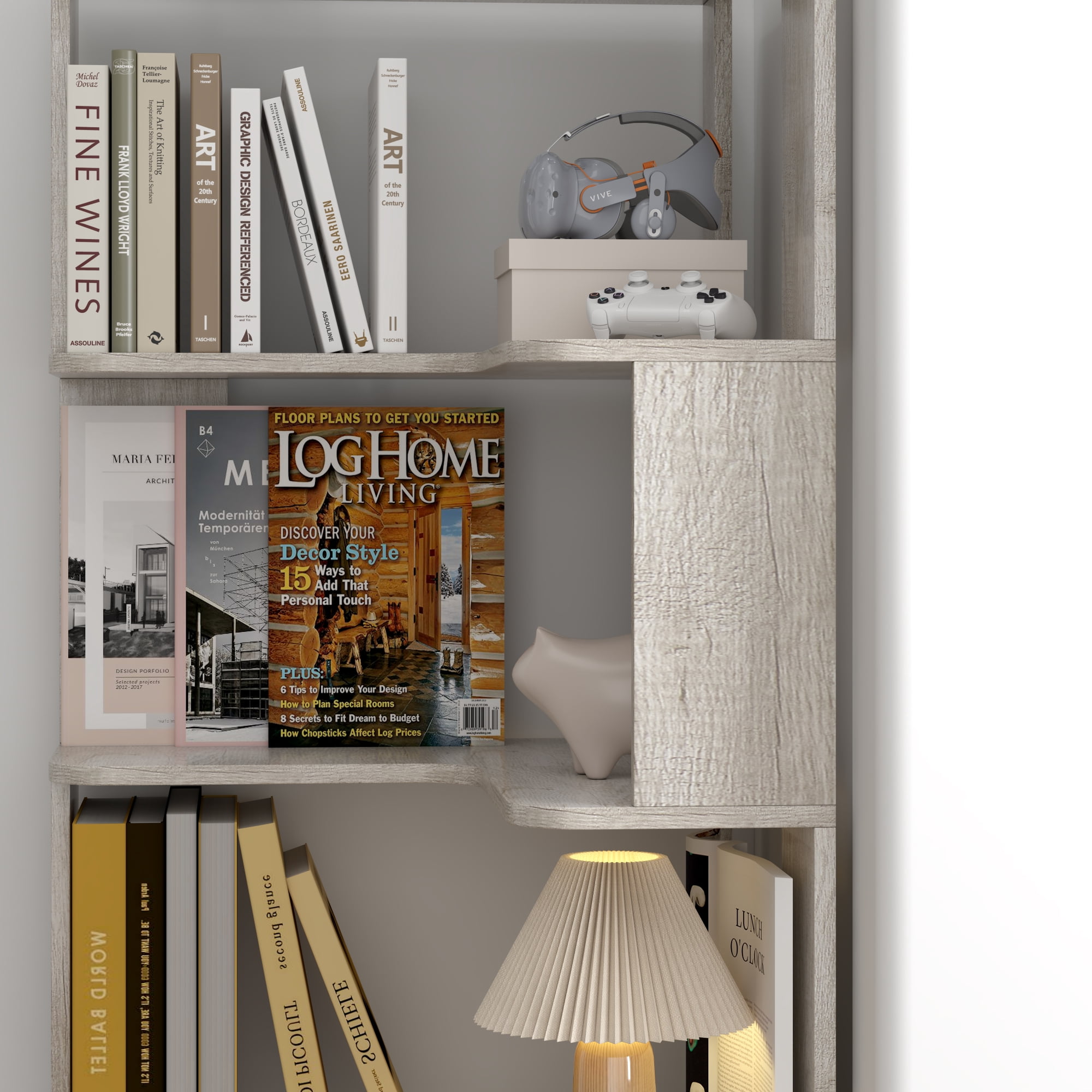 Leumius 6 Tier Freestanding L-Shaped Corner Bookshelf, Wooden Bookcase with anti-drop panle and anti tipping device, Display shelf Open storage rack Organizer for Home Office,Light Gray