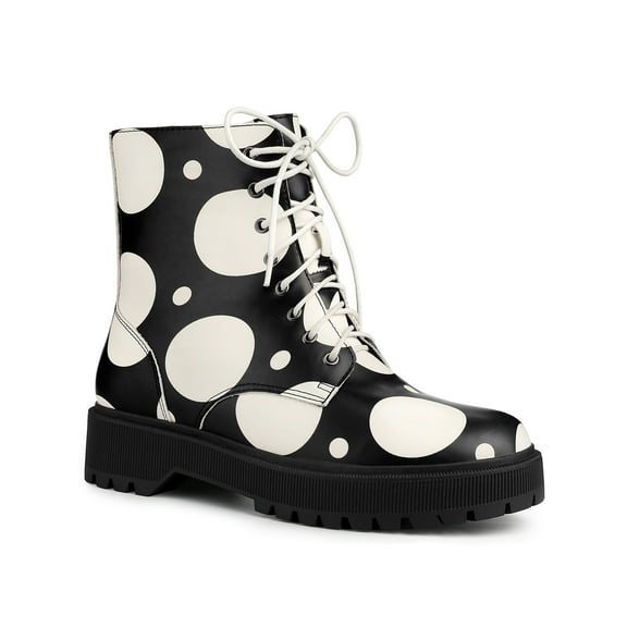 BLISSFUL STEP Women's Platform Lace Up Polka Dots Printing Combat Boots Black White 7