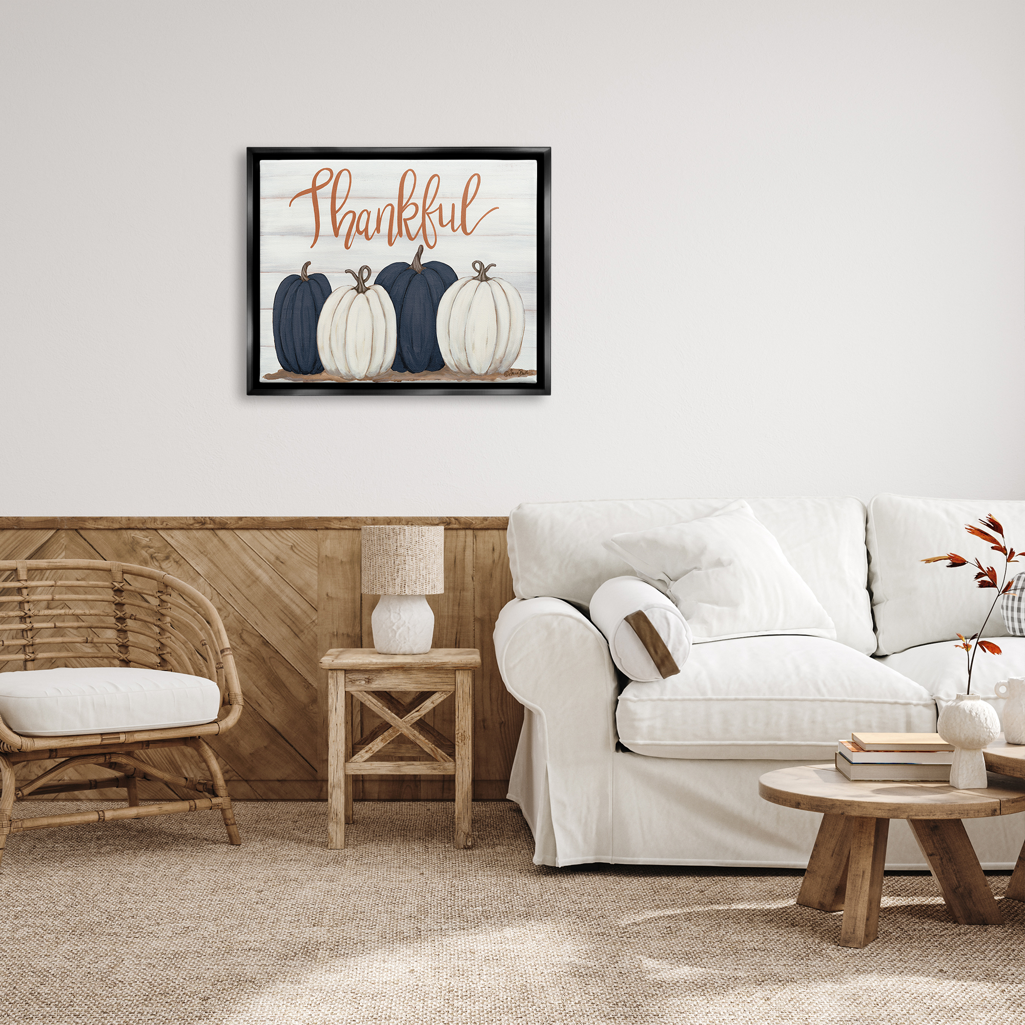 Stupell Industries Autumn Farm Pumpkin Harvest with Thankful Phrase Jet Black Framed Floating Canvas Wall Art, 24x30, by Sarah Baker