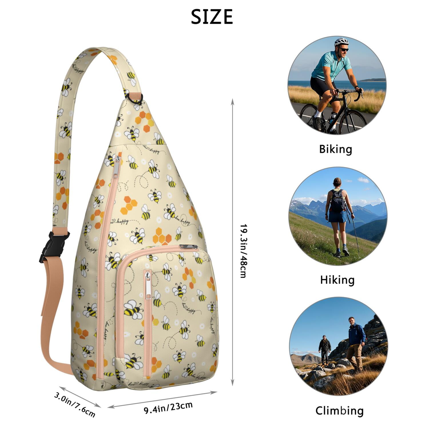 Cute Bee Print Sling Backpack – Colorful Cartoon Honeycomb & Floral Crossbody Bag for Travel & Hiking