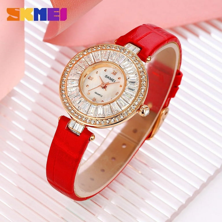 SKMEI Quartz Women Watches Luxury Fashion Dress Bracelet Crystal Dial Top Brand Ladies Watch Leather Strap 2023 Wristwatch