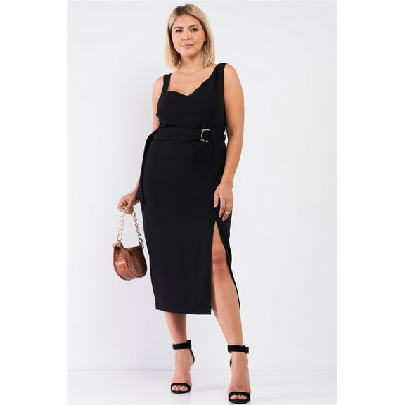 Plus Sleeveless Asymmetrical Shoulder Front Slit Detail Belted Dress 1XL