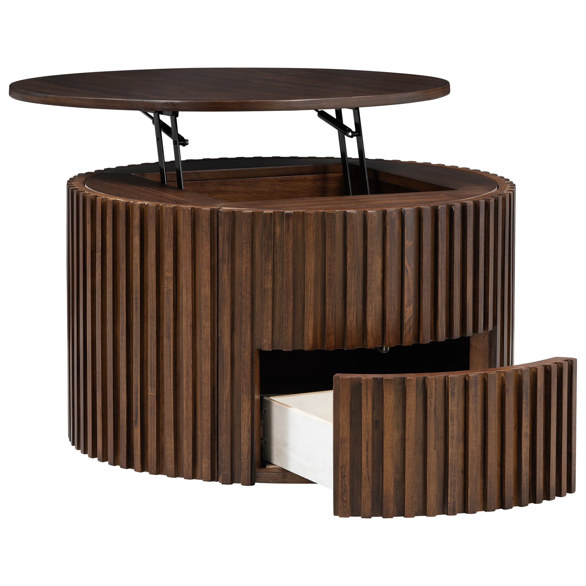 Mintazer Farmhouse Round Lift Top Coffee Table, Modern Fluted Accent Coffee Table with Drawer & Hidden Storage for Living Room, Dark Brown