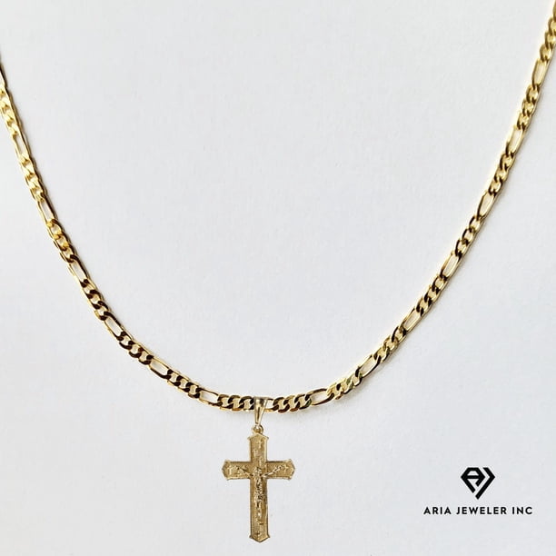 Collar de oro de 14 quilates con colgante de Cruz Curifijo, el mejor regalo unisex para madre, padre, novia, novio, ella, él, collar de cadena Figaro de 14 quilates de Aria Jeweler Daily