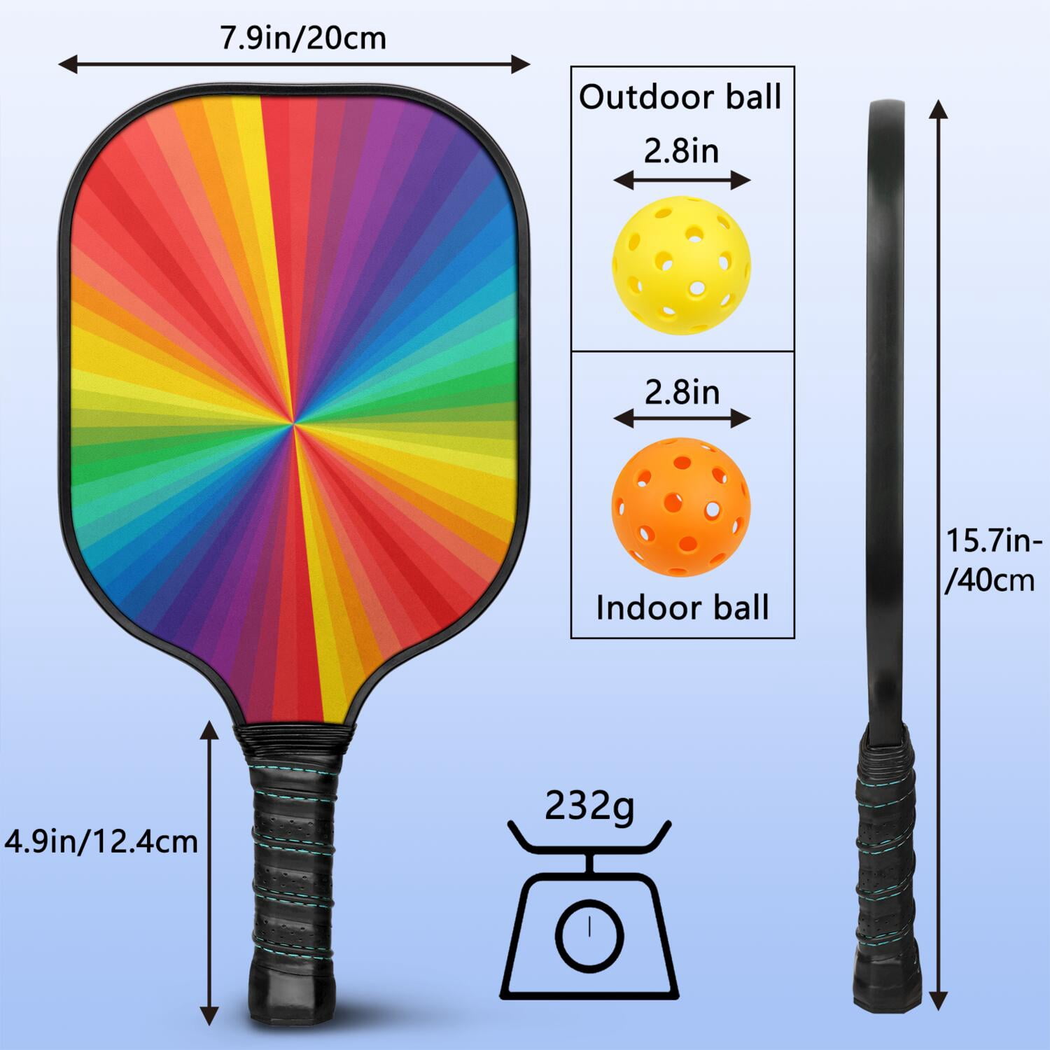 Pickleball Paddles Set Of 2, Fiberglass Surface, Vibrant Rainbow Print, 4 Balls & Bag