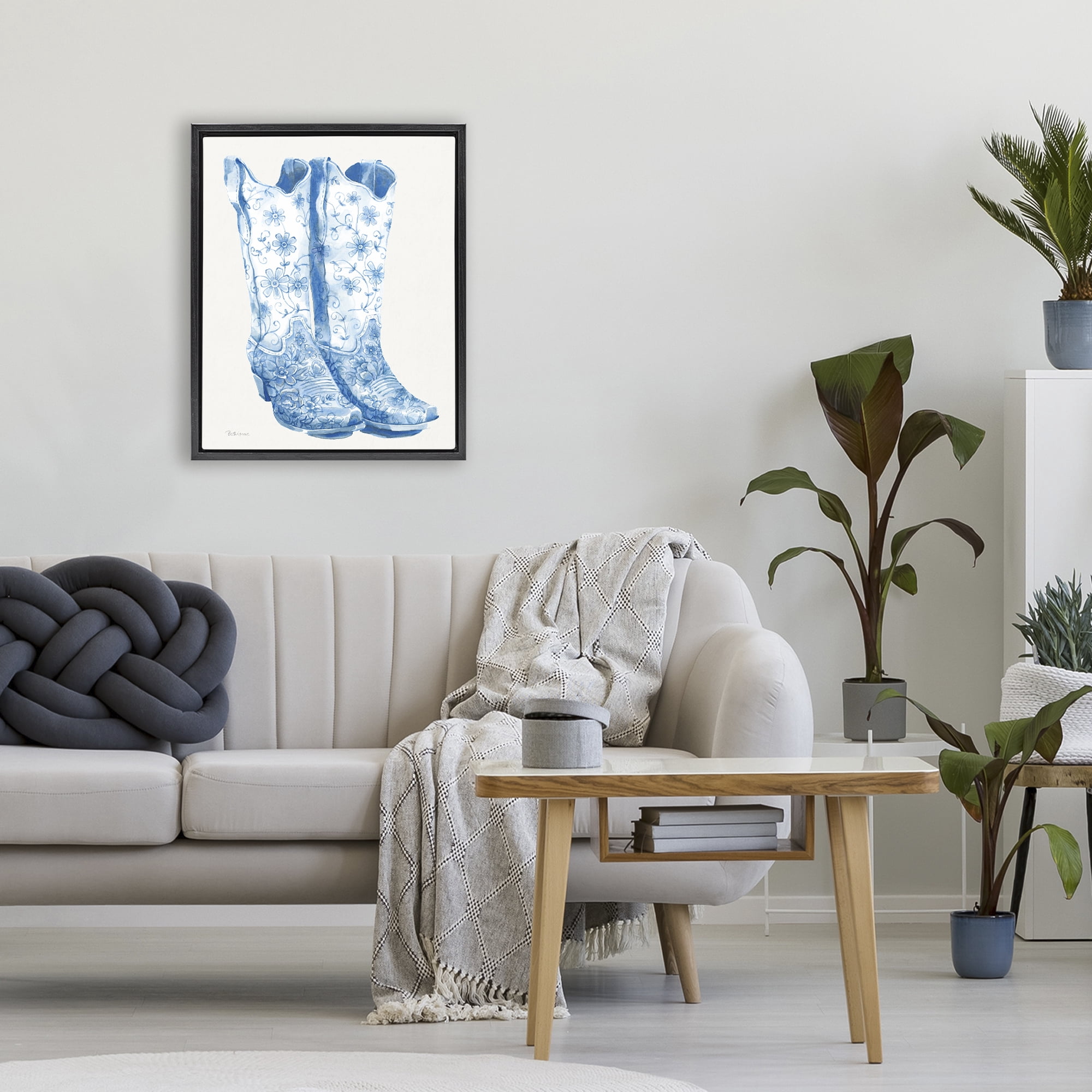 Stupell Industries Blue Boots with Floral Embroidery Black Framed Floater Canvas Wall Art, design by Beth Grove