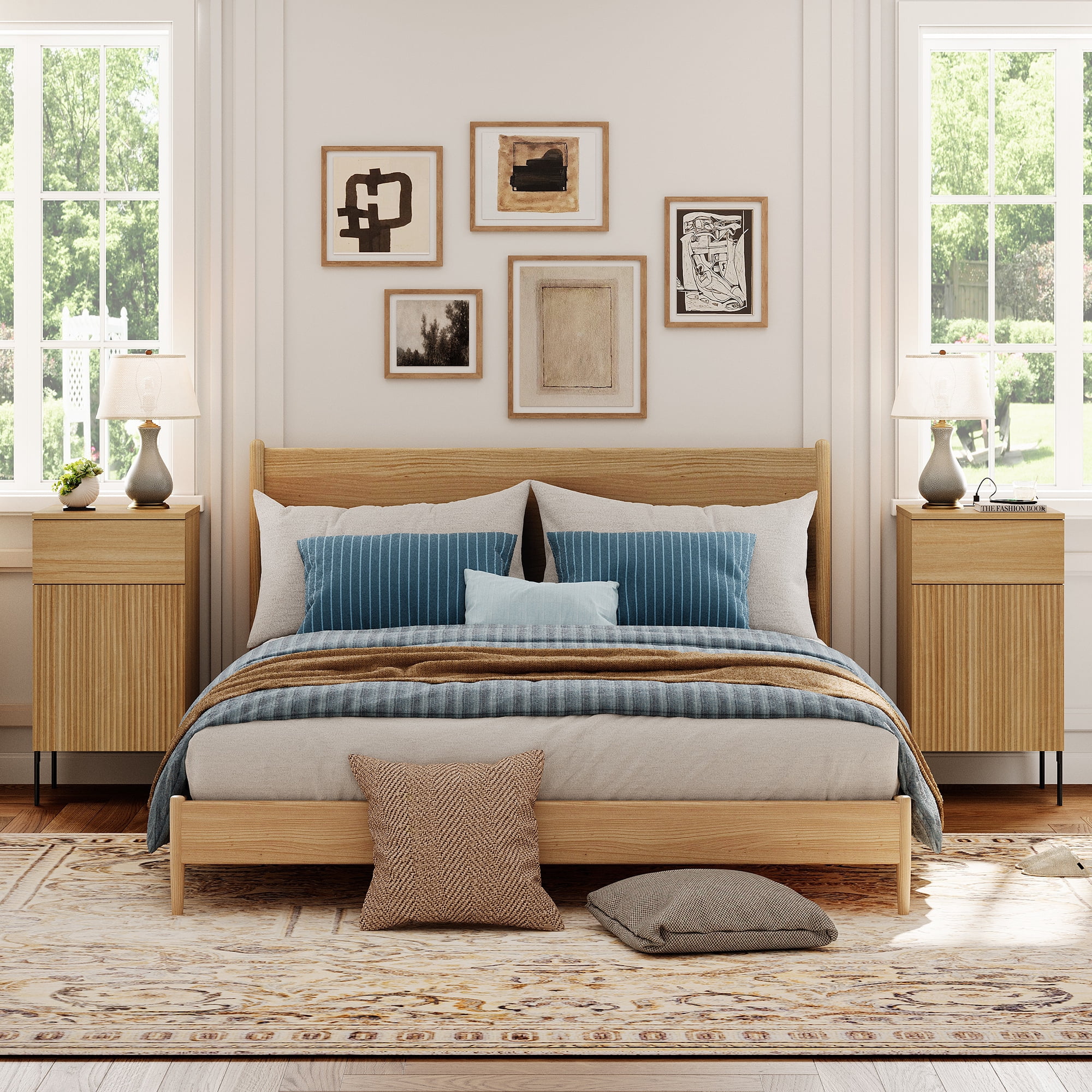 4 Pcs Bedroom Set，Reeded Dresser and Nightstand Sets for Bedroom, Wooden Dresser Set with Adjustable Shelves, Night Stand of 2 with Charging Station