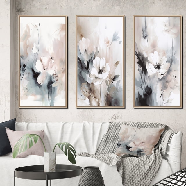 Designart "Grey Flowers Delicate V" Floral Framed Wall Art Set Of 3 - White Floral Frame Canvas Set For Living Room Decor