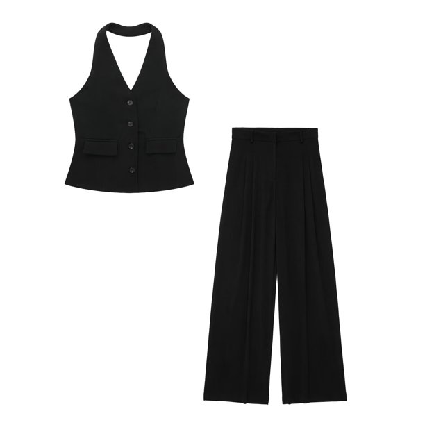 TRAF-Conjunto de 2 piezas con cuello Halter para mujer, chaleco sin mangas con bolsillo de una sola botonadura, Tops + bolsillos con cremallera de cintura alta, pantalón de pierna ancha
