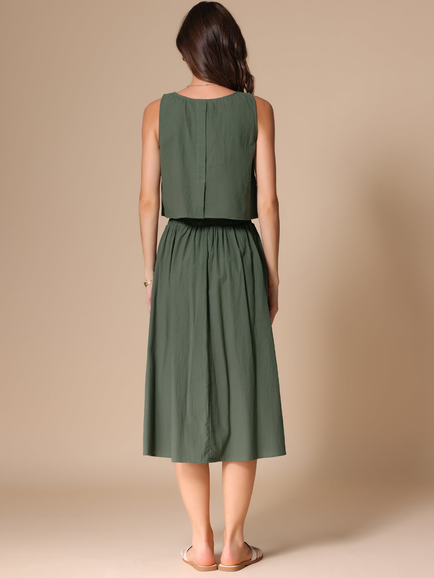 DARING DIVA Women's 2 Piece Round Neck Sleeveless Crop Top Midi Skirt Suit Set M Army Green