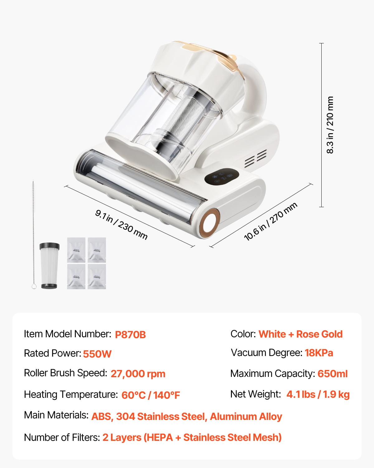 VEVOR Mattress Vacuum Cleaner, 550W Bed Vacuum Cleaner with 18Kpa Powerful Suction and Dual Dust Bin, HEPA Filter & Heating, Ultrasound Tech & Cleaning Lights, Handheld for Bed, Sofa, Corded, White
