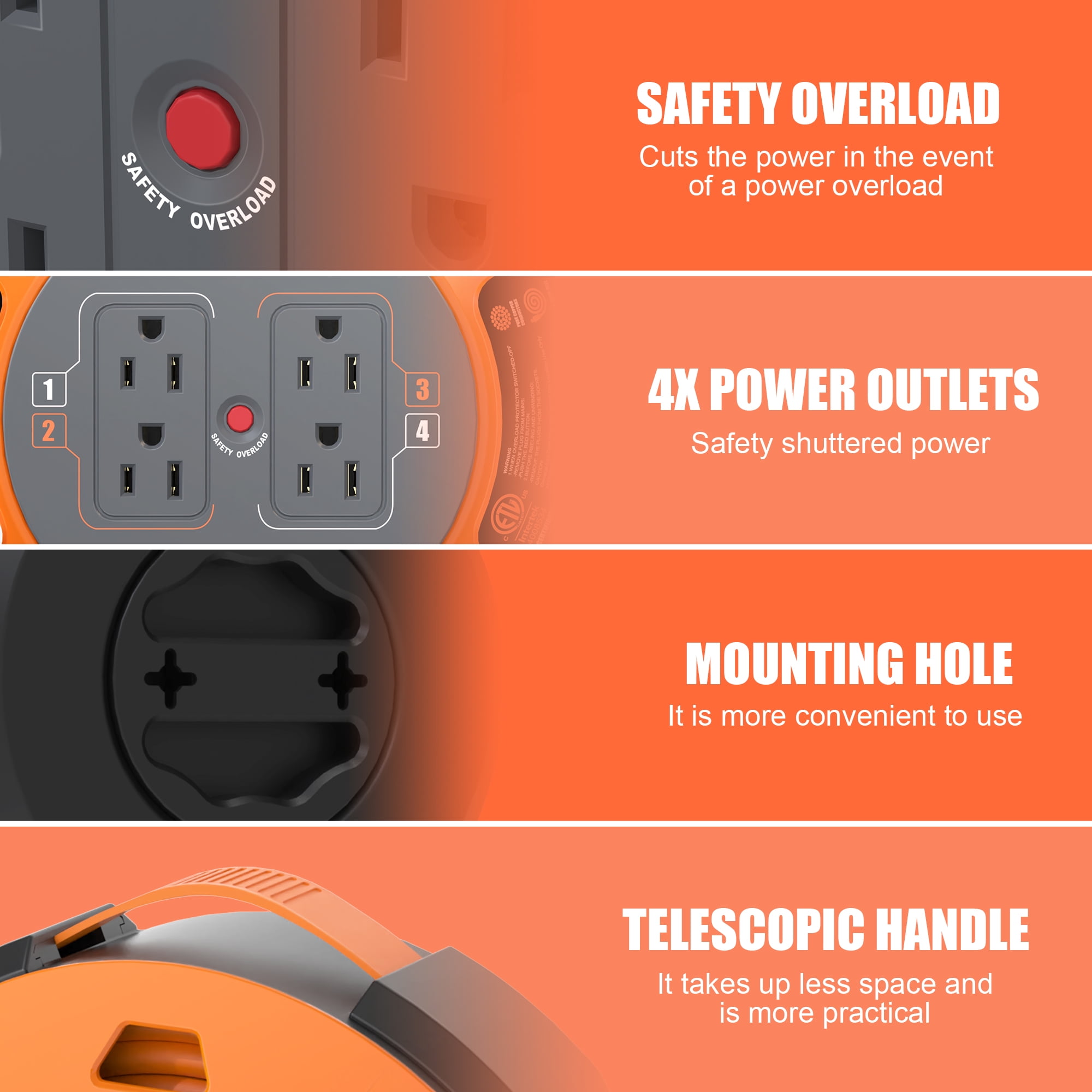 Hongyi Extension Cord Reel 32ft,16AWGX3C,SJT,4-Outlet,Orange