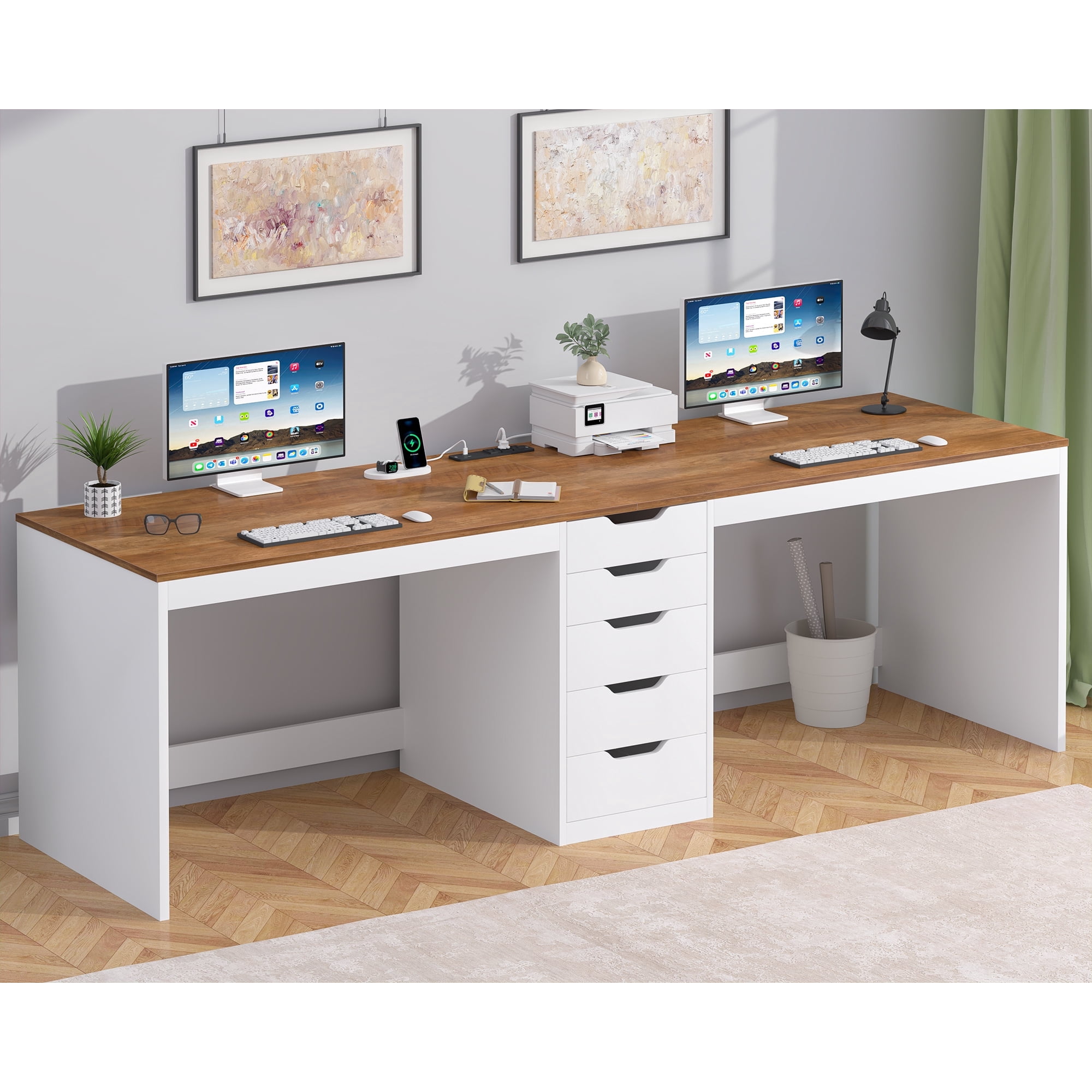 2 Person Desk with 5 Drawers and Power Outlets, 78.7 Inch Long Computer Desk with Storage File Cabinet, Two Person Home Office Double Desk with Storage, Brown and White