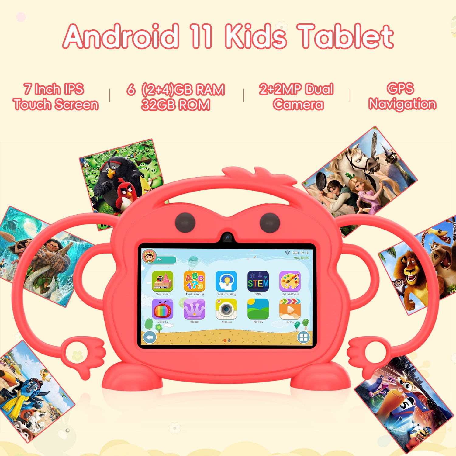 Kids Tablet, 7 inch Android Tablet for Kids, 6GB RAM 32GB ROM Quad-Core Toddler Tablet with Shockproof Case, Bluetooth, WiFi, Parental Control, 2MP+2MP Dual Camera, GPS, Games