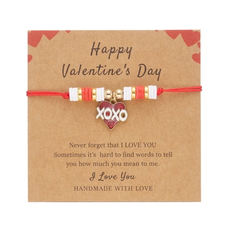 Valentine's Day Bracelets for Women,Pink Clay Bead Heart Charm Bracelet with XOXO Jewelry Gifts