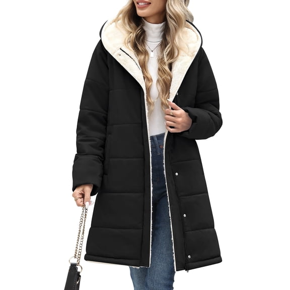 LVWQ Women's Long Puffer Coat Hooded Sherpa Fleece Lined Winter Parka Warm Quilted Padded Jacket with Pockets