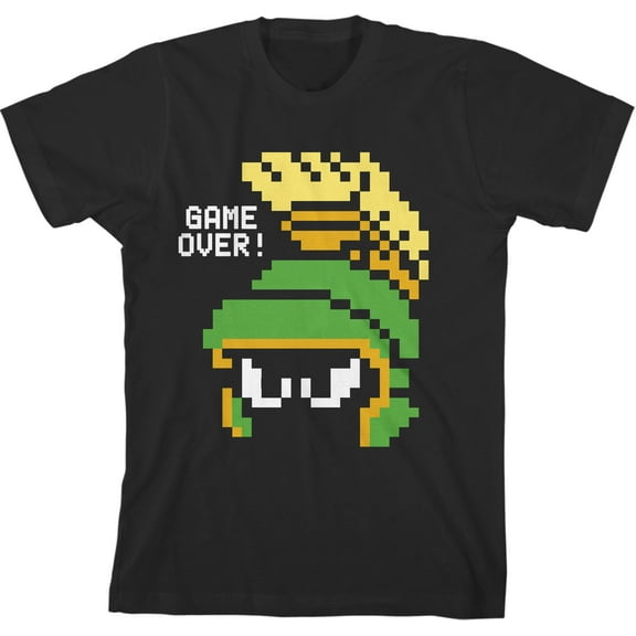 Looney Tunes Game Over Pixelated Marvin the Martian Youth Black Graphic Tee-Small