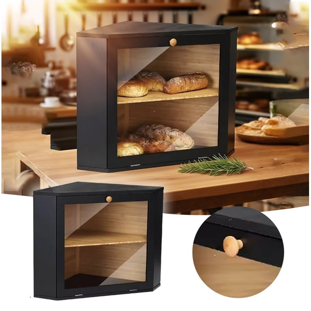 Wooden Triangle Food Storage Cheese Bread Container With Clear Acrylic Door Pantry Organizer For Countertop