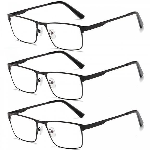 GJX 3 Pairs of Mens Classic HD Rectangle Reading Glasses 3.0, Metal Black Spring Hinges Classic Readers 3.0